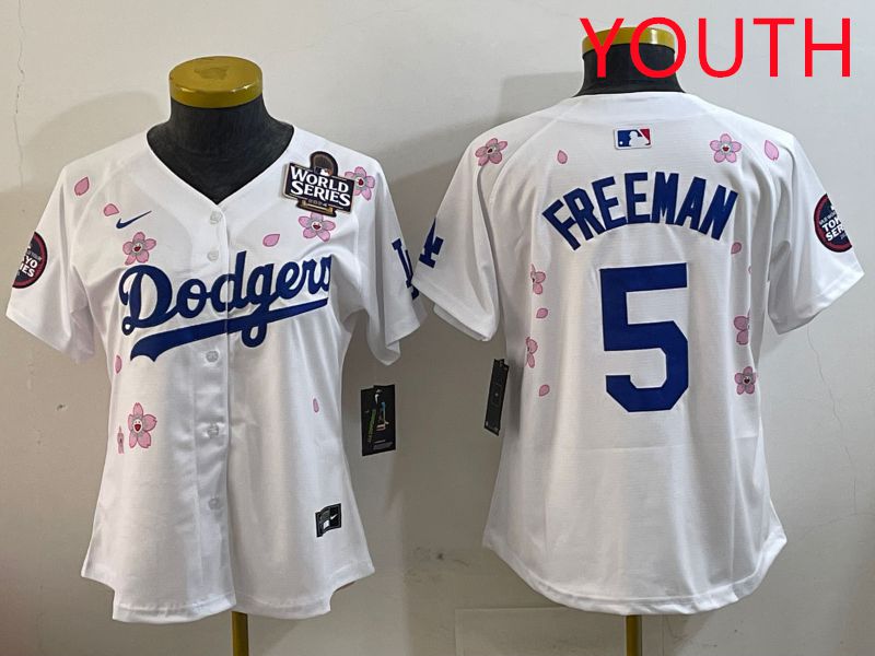 Youth Los Angeles Dodgers 5 Freeman White Sakura Edition 2025 Nike MLB Jersey style 3